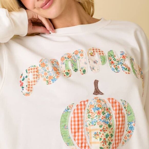 Women's Pumpkin Patchwork Sweatshirt Top Mainstrip Size Medium - Picture 3 of 5